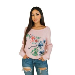 L.O.G.G. Women's Pink Floral Embroidered Long Sleeve Crewneck Sweater Wool Blend